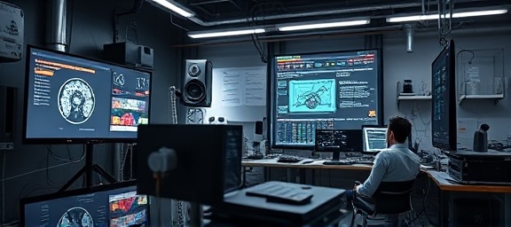 innovative AI innovation, thoughtful expression, transforming industries, photorealistic, workspace cluttered with advanced gadgets and screens, highly detailed, interactive screen visuals, precise focus with depth, grayscale with neon accents, directional lighting, shot with a 50mm lens