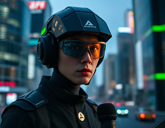 cybernetic reporter upgrade, focused expression, presenting news, photorealistic, high-tech cityscape in the background, highly detailed, digital interface overlays, 4k display clarity, black and neon green, ambient neon light, shot with an ultra-wide 16mm lens