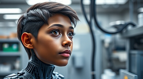 groundbreaking AI technology, engaged expression, optimizing networks, photorealistic, innovation lab with research equipment, highly detailed, neural networks visualization, 8K resolution, earth tones, directional lighting, shot with a 100mm macro lens.