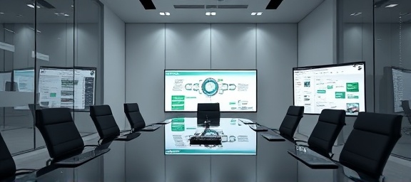 streamlined customsoftware, confident expression, implementing, photorealistic, sleek boardroom with glass walls and tech devices, highly detailed, flowcharts on digital displays, sharp clarity, black and white, spotlight lighting, shot with an 85mm lens.