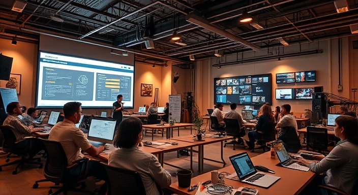 feature-rich formbuilder tools, intricate, implementing configurations, photorealistic, collaborative tech hub with developers discussing, highly detailed, animated widgets, 5K rendering, warm tones, spot lighting, shot with a telephoto lens.