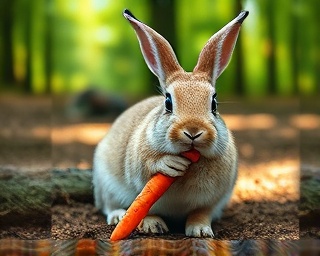 content rabbit, relaxed, nibbling on a carrot treat, photorealistic, in a natural woodland setting, highly detailed, dappled sunlight on forest floor, earthy tones, diffused lighting, shot with a macro lens