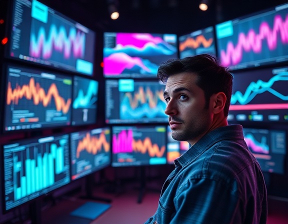 cutting-edge graphics software, inquisitive look, rendering images, photorealistic, vibrant modern studio filled with screens displaying digital art and graphs, highly detailed, animated spark effects, 8K resolution, bright tones of turquoise and magenta, spotlighting, shot with a telephoto lens.