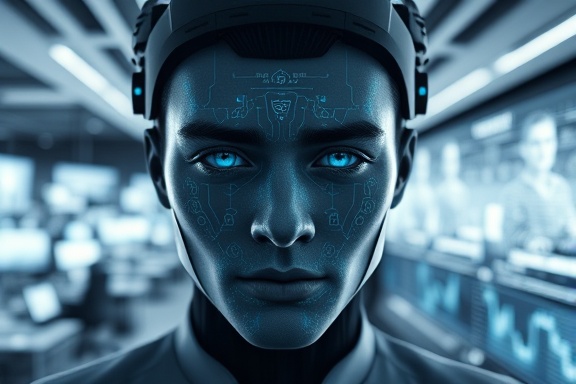 conceptual AI vision, focused expression, identifying patterns, photorealistic, modern sleek office with large screens and a bustling environment, highly detailed, data streaming visuals, ultrafine resolution, monochrome with touches of blue, bright studio lighting, shot with a telephoto lens