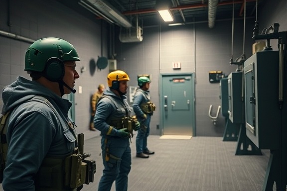 intensive vaulttraining, determined, practicing emergency protocols, photorealistic, simulation area with realistic vault setups, highly detailed, instructors guiding trainees, f/4, muted colors, diffused lighting, shot with a 70-200mm lens