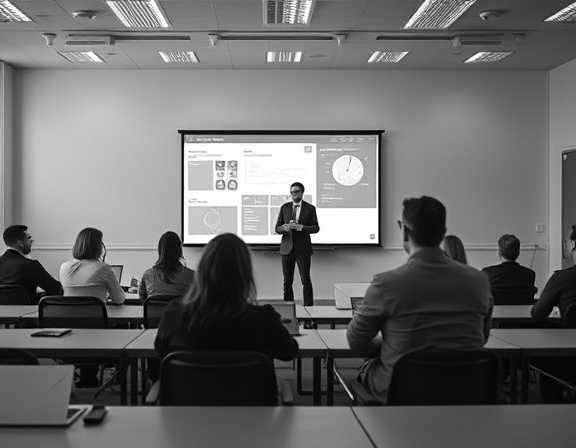 minimalist site course, focused, delivering lectures, photorealistic, contemporary classroom with digital whiteboards, highly detailed, interactive learning tools, 4K resolution, monochrome, soft ambient light, shot with a 50mm standard lens.