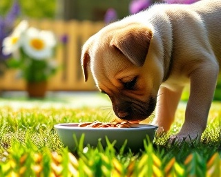 playful puppy, curious, sniffing a bowl of treats, photorealistic, in a sunny backyard with flowers, highly detailed, dew drops on grass, vibrant colors, morning light, shot with a wide-angle lens