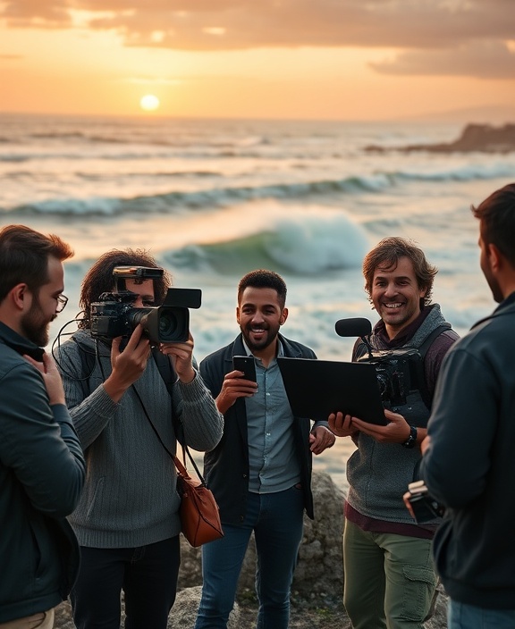 multicultural Media Team, excited expression, shooting a documentary, photorealistic, a scenic coastal location with crashing waves, highly detailed, handheld cameras and boom mics, balanced depth of field, warm colors, sunset lighting, shot with a telephoto lens.