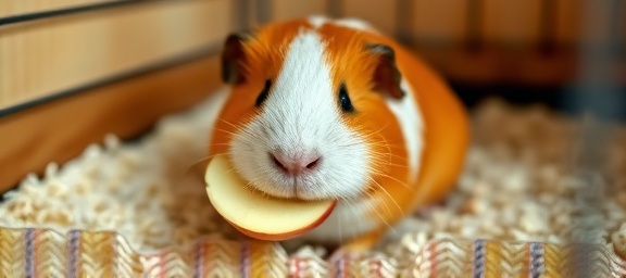 calm guinea pig, focused, munching on a slice of apple, photorealistic, inside a cozy cage with bedding, highly detailed, shavings around, pastel colors, ambient lighting, shot with a portrait lens