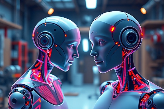 revolutionary AI digital, insightful expression, sculpting AI models, photorealistic, virtual workshop with holographic simulations, highly detailed, 3D renderings, crystal-clear image, cool and warm mix, accent lighting, shot with a wide-angle lens.