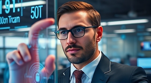 cutting-edge AI trends, focused expression, manipulating holographic displays, photorealistic, modern office space with glass panels, highly detailed, digital interfaces, crisp clarity, cool color tones, ambient lighting, shot with a 24mm lens.
