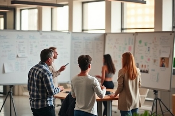 creative media agency, collaborative, brainstorming session, photorealistic, in a modern open-office layout, highly detailed, whiteboards filled with ideas, shallow depth of field, warm earth tones, daylight pouring through glass walls, shot with a Nikon 24-70mm f/2.8E ED VR lens.