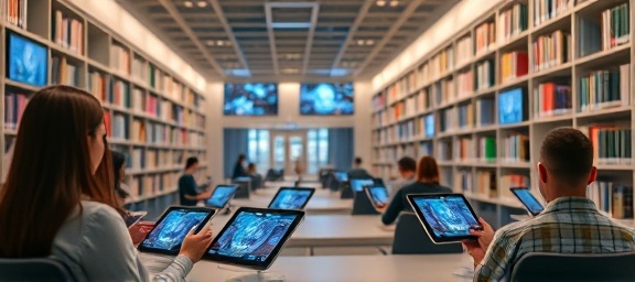 comprehensive course media, informative, sharing information, photorealistic, modern library with digital tablets, highly detailed, animated graphics in holo displays, ultra-high definition, pastel colors, diffused lighting, shot with a 35mm lens.