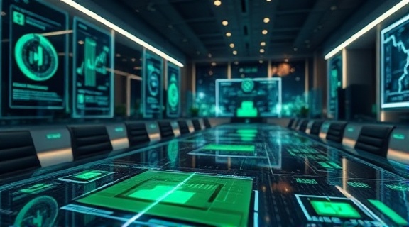 Innovative AI profits, strategic, creating business solutions, photorealistic, a sleek office with touch-sensitive surfaces and holographic displays, highly detailed, virtual meetings and 3D visual data, 8K resolution, glowing green interface, halogen spotlighting, shot with a 100mm macro lens.