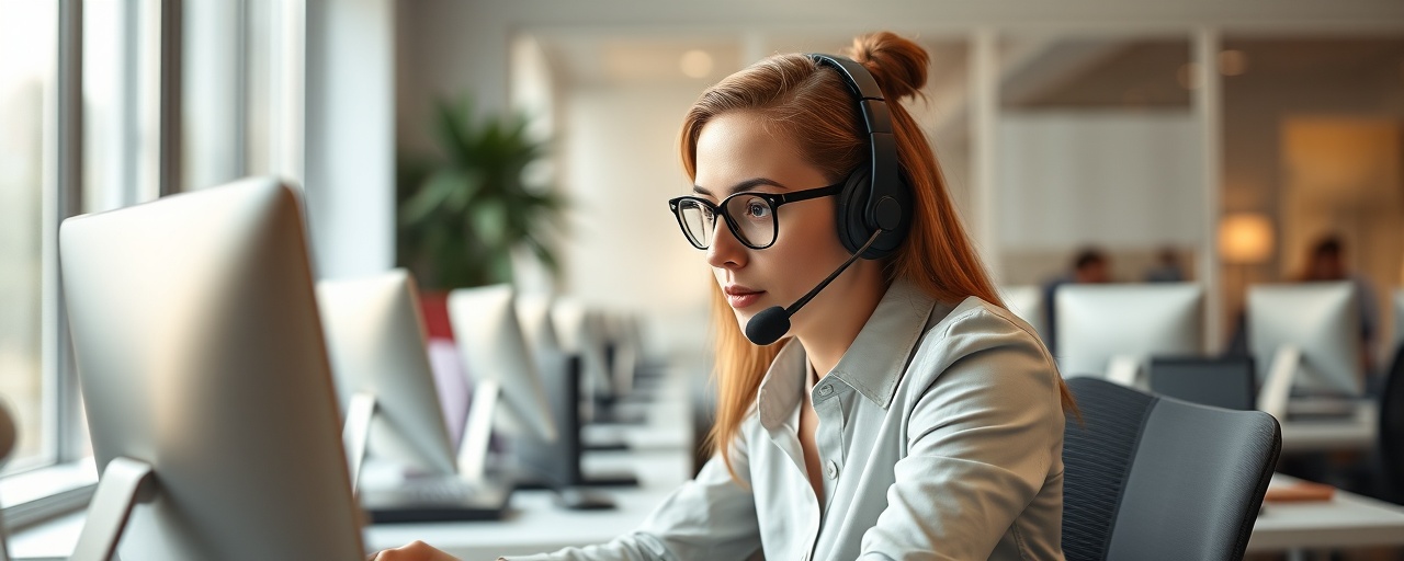 dedicated customer helpdesk agent, concentrated, providing solutions, photorealistic, modern call center with ergonomic setups and natural light, highly detailed, telephone conversations, high-definition resolution, pastel shades, natural window light, shot with a 85mm camera lens.