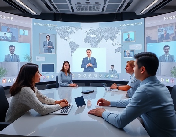 interactive AI interface, focused, enhancing communication, photorealistic, virtual collaboration space, highly detailed, digital avatars and seamless user interfaces, 4k resolution, pastel tones, diffused natural light, shot with a 28mm lens.