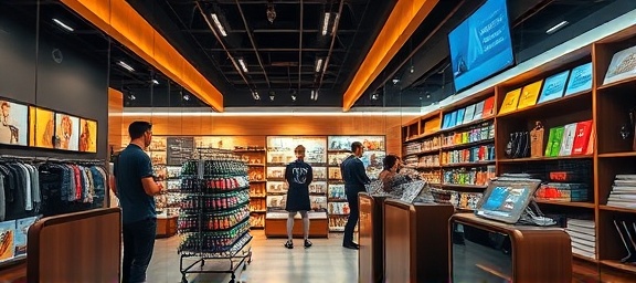 immersive ecommerce shopping, engaging, exploring, photorealistic, virtual storefront with interactive displays, highly detailed, online cart dynamics, HDR quality, vibrant colors, soft ambient light, shot with a 24mm lens.