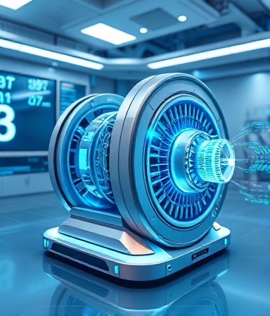 innovative accelerator technology device, sleek contours, boosting digital speeds, photorealistic, futuristic lab environment with holograms, highly detailed, swirling data streams, 8K resolution, blue and silver palette, soft spotlight lighting, shot with a wide-angle lens