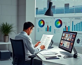 maximized advertisement income, strategic digital analyst, reviewing spreadsheets, photorealistic, minimalistic workspace with ergonomic furniture, highly detailed, infographic animations, f/1.8, monochromatic scheme, focused desk lamp beam, shot with a 50mm camera lens