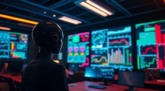 advanced AI interface, focused, analyzing data, photorealistic, corporate high-tech office, highly detailed, holographic displays and digital screens, ultra high-definition, vibrant color scheme, backlit by warm overhead lights, shot with a 35mm lens.