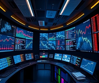 Dynamic profits AI, intense, optimizing investment strategies, photorealistic, a control room buzzing with digital screens, highly detailed, ticker feeds and algorithm visualizations, 10K resolution, bright neon highlights, backlit, shot with a 24mm ultra-wide lens.