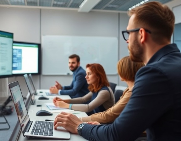 interactive accesstraining, focused, instructing skills, photorealistic, modern training room with screens and whiteboards, highly detailed, people in action following a guide, f/2.8, neutral tones, soft lighting, shot with a 50mm lens
