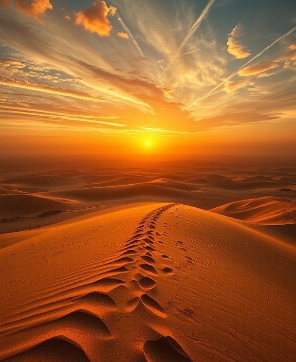 inspirational journey vision, reflective expression, visualizing future paths, photorealistic, panoramic desert with a sunrise horizon, highly detailed, swirling dust clouds, HDR quality, earthy tones with golden highlights, golden hour lighting, shot with a tilt-shift lens