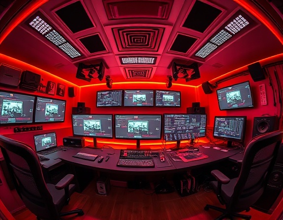 modular plugin development, versatile, expanding capabilities, photorealistic, programming station with multiple screens, highly detailed, interchangeable modules, 4k definition, warm hues, neon lighting, shot with a fisheye lens