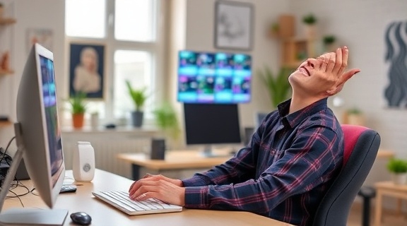 pioneering AI content, enthusiastic expression, crafting digital media, photorealistic, designer's workspace with creative tools, highly detailed, interactive graphics, high-definition clarity, pastel color palette, natural window lighting, shot with a 85mm lens.