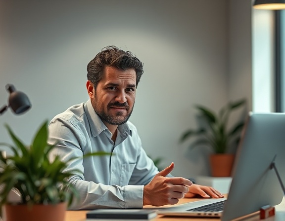 efficient customsolution, determined expression, problem-solving, photorealistic, minimalist workspace with clean lines and plants, highly detailed, interactive UI elements, high resolution, warm neutrals, ambient lighting, shot with a 24mm lens.