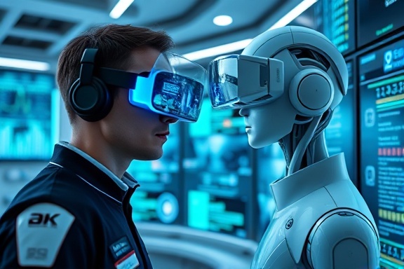 cutting-edge custom AI reporter, determined expression, interacting with virtual reality displays, photorealistic, futuristic tech center with transparent monitors, highly detailed, animated data streams, 4K clarity, vibrant white and azure colors, soft ambient lighting, shot with a 35mm lens.