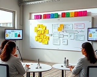 innovative site course, inspiring, brainstorming ideas, photorealistic, think tank environment with sticky notes on walls, highly detailed, animated flowcharts on smart displays, cinematic resolution, bright colors, shadowy daylight, shot with a 35mm lens.