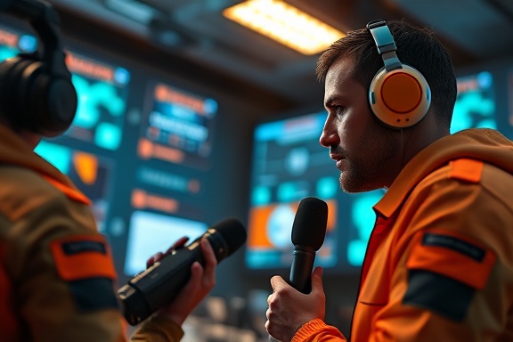 innovative AI journalism, intense concentration, conducting interviews, photorealistic, network headquarters with digital billboards, highly detailed, interactive data streams, ultra HD detail, teal and orange, direct spotlight, shot with a 85mm lens