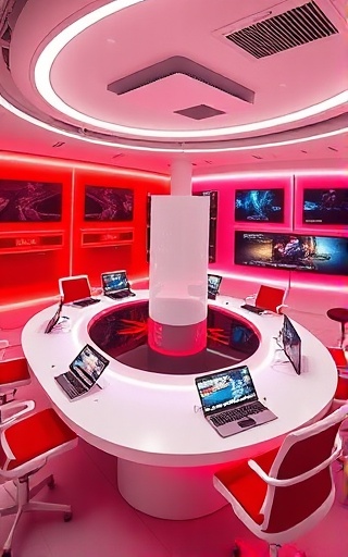 next-generation media accelerator, elegant form, facilitating media sharing, photorealistic, contemporary workspace with touchscreens, highly detailed, streaming digital interfaces, high definition, white and red theme, overhead lighting, shot with a 50mm prime lens