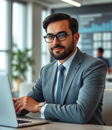 comprehensive management tools, professional, optimizing client relations, photorealistic, corporate office setup, highly detailed, integrated technology, full-frame clarity, business neutral palette, soft lighting, shot with an 85mm portrait lens.