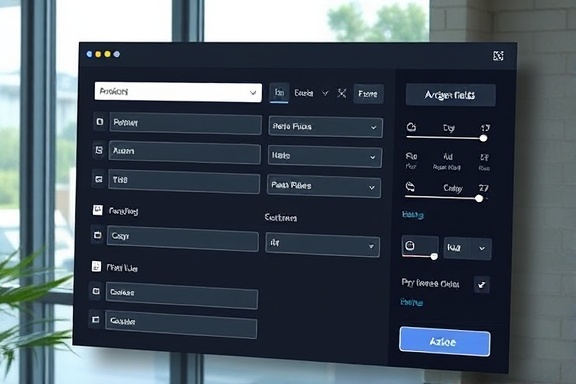 modern formbuilder interface, user-friendly, arranging fields, photorealistic, digital display with grid layout and options toggles, highly detailed, responsive transitions, crisp resolution, cool shades, natural window lighting, shot with a 50mm lens.
