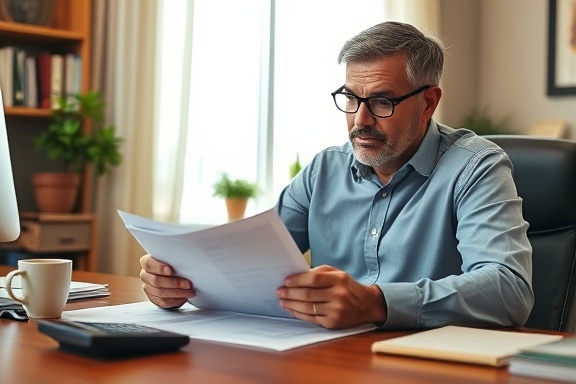determined franchise owner, confident, reviewing balance sheets, photorealistic, cozy but professional home office, highly detailed, coffee mug and calculator on desk, warm earth tones, soft daylight, shot with a macro lens.