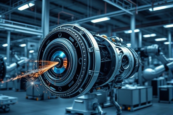 advanced digital engine, dynamic, processing multimedia content, photorealistic, in a high-tech facility with robotic arms, highly detailed, with sparks of light, HDR, metallic and cool hues, diffused lighting, shot with a zoom lens.
