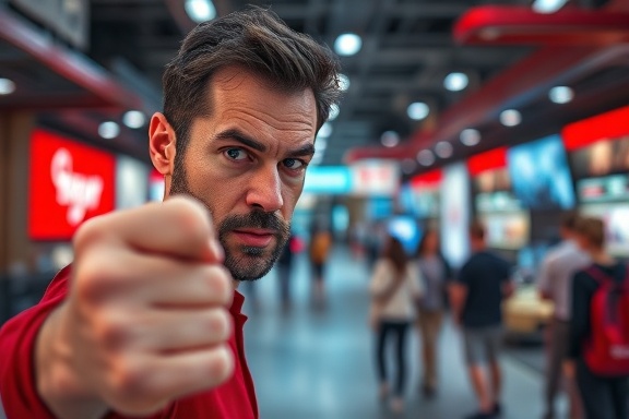 modern media platform, determined expression, showcasing visuals, photorealistic, amidst a bustling market of tech-savvy consumers and large digital canvases, highly detailed, augmented reality animations, vivid clarity, bold red, spot focus, shot with a tilt-shift lens.