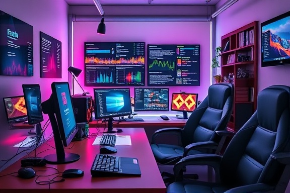 responsive plugin development, agile, coding with precision, photorealistic, vibrant tech office with modern gadgets, highly detailed, real-time updates, 5k resolution, cool shades, overhead lighting, shot with a standard lens