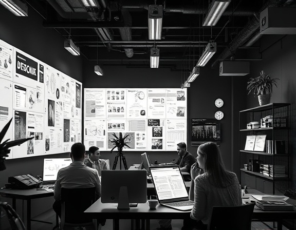innovative media design, sleek and futuristic, being brainstormed, photorealistic, in a collaborative creative office with idea boards, highly detailed, bustling atmosphere with designers working, 8K resolution, monochrome with splashes of neon, industrial lighting, shot with a macro lens.