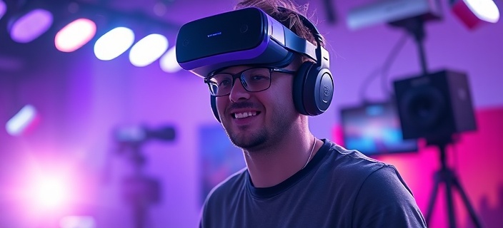 dynamic media technology, focused expression, creating content, photorealistic, in a vibrant studio with high-tech equipment and VR setups, highly detailed, realistic lens flares, deep depth of field, electric purple, diffused lighting, shot with a telephoto lens.