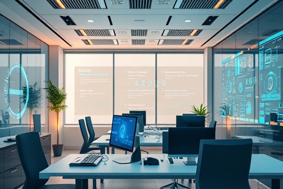 comprehensive AI services, welcoming expression, simplifying complexities, photorealistic, digital office space with virtual assistants and holographic displays, highly detailed, real-time data flow, high-definition precision, pastel colors, ambient lighting, shot with a prime lens