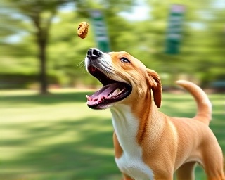 happy dog, excited, catching a treat mid-air, photorealistic, at a grassy park with trees around, highly detailed, motion blur as dynamic element, crisp focus, natural colors, bright sunlight, shot with a telephoto lens