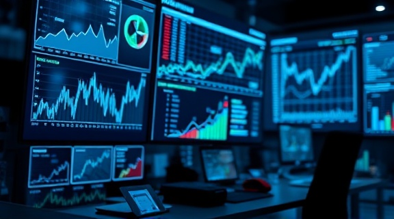 cutting-edge media marketing, strategic, analyzing market trends, photorealistic, in a high-tech lab with data screens, highly detailed, graphs and charts dynamically shifting, ultra-high-resolution, cool blues and silvers, soft LED lighting, shot with a Leica Summilux-C 40mm lens.