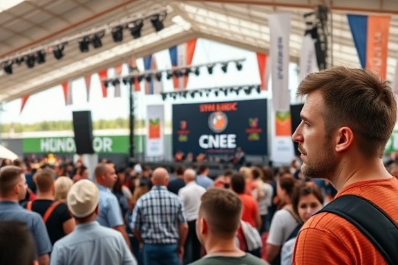 strategic site media, engaged expression, coordinating events, photorealistic, open-air venue with stage and attendees, highly detailed, banners fluttering in the breeze, vivid clarity, rich contrast, diffused daylight, shot with a 24-70mm lens.
