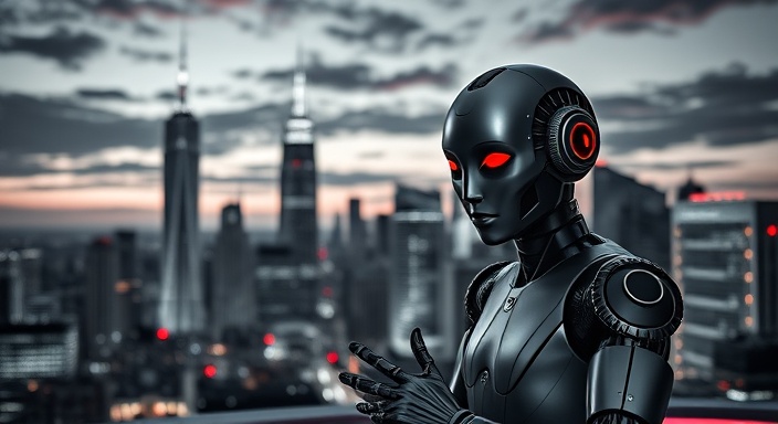 sleek AI reporter, engaging expression, hosting a show, photorealistic, vibrant city skyline at dusk, highly detailed, moving text overlays, crystal clear resolution, monochrome with red accents, low-key lighting, shot with a zoom 70-200mm lens