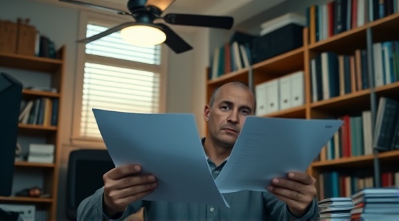 comprehensive audit compliance, serious, reviewing data sheets, photorealistic, cozy home office with bookshelves, highly detailed, papers rustling from an overhead fan, f/4 aperture, cool tones, under soft table lamp lighting, shot with a 24-70mm lens