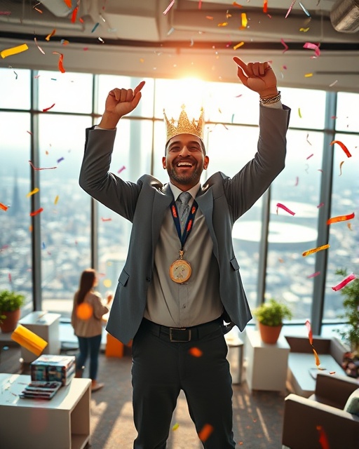 successful monetization success, triumphant expression, celebrating milestone, photorealistic, luxurious office with panoramic views, highly detailed, confetti and party decorations, macro photography, vibrant colors, sunlight streaming through windows, shot with a 50mm lens