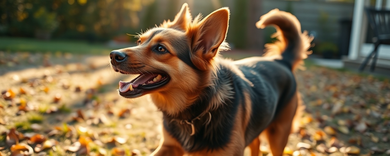 playful dog, excited, wagging its tail, photorealistic, in a sunlit backyard with a scattering of leaves, highly detailed, fur glistening, vibrant earthy tones, golden hour lighting, shot with a 24mm lens.